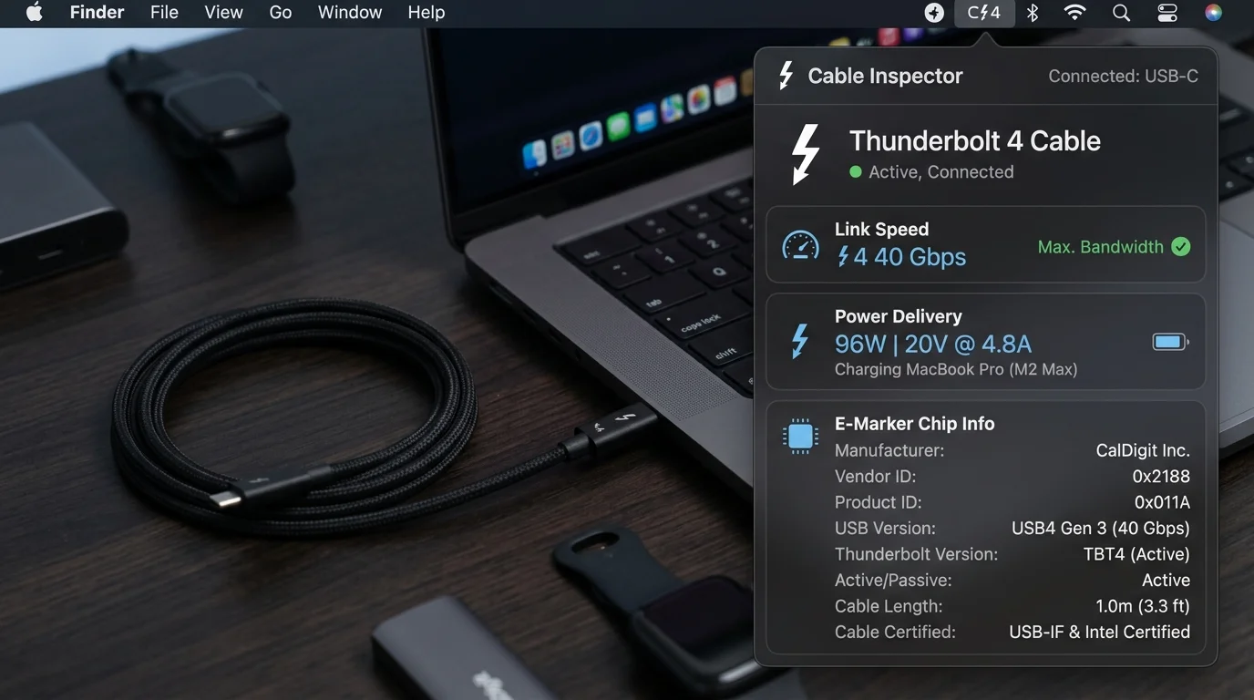 WhatCable: инспектор USB-C кабелей прямо в меню бар